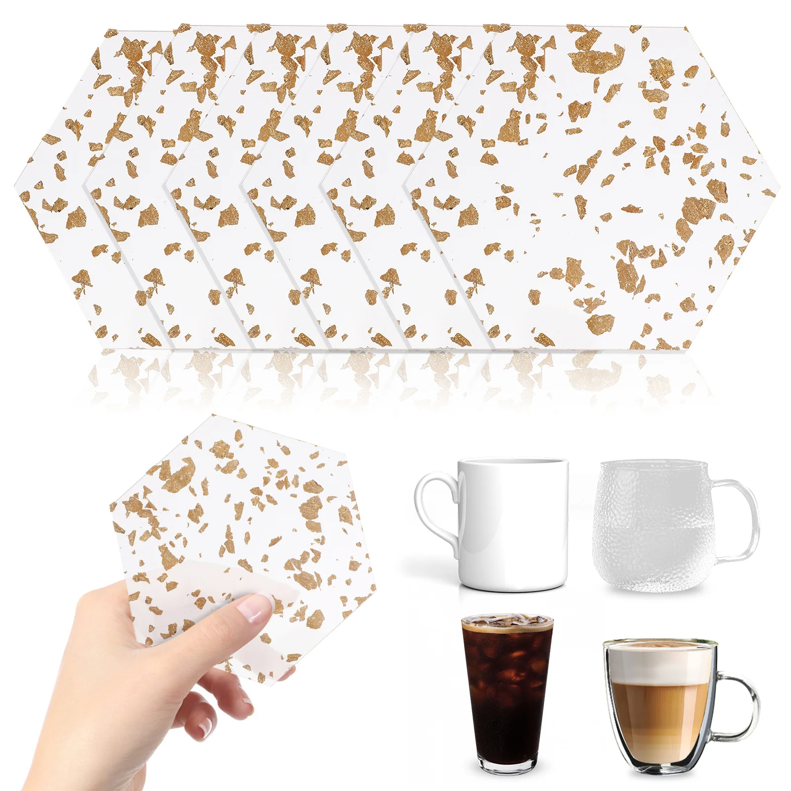 

6Pcs Hexagon Coasters Clear Acrylic Gold Foil Stylish Desk Table Decor Easy Clean Gift Acrylic Coaster Coasters with Holder