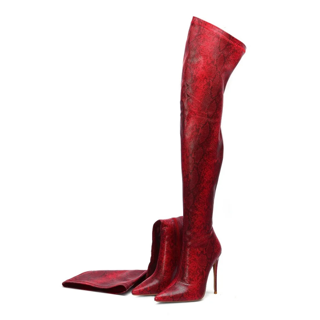 Vibrant Red Snake Print Stretch Thigh High Boots Pointed Toe Thin Heel Overknee Footwear for Women Party Daily Wear