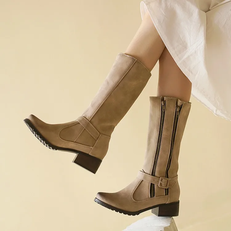 القوطية جولة تو بارد الشتاء الزيتون الجيش الأخضر الأحذية النسائية أحذية قتالية سستة منتصف العجل النساء ركوب أحذية الفروسية #3