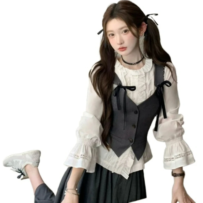 Peninsula Dance Loveliness Cosplay Female Puppet Maid Dress Korean Grey Vest + Shirt Skirt/long Skirt Set Group 2024 Winter New