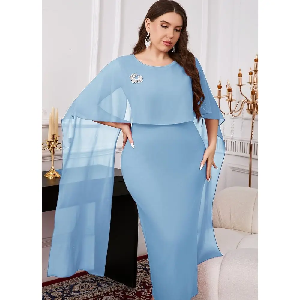 Vestido maxi elegante com capa de chiffon para casamentos plus size e eventos de coquetéis