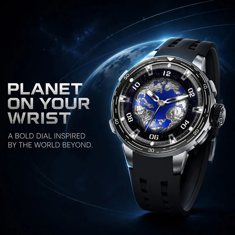 PINDU Curved Mirror Watch of Men 48mm Automatic Mechanical Wristwatches Miyota 8215 Movement Stainless Steel Blue Planet Dial