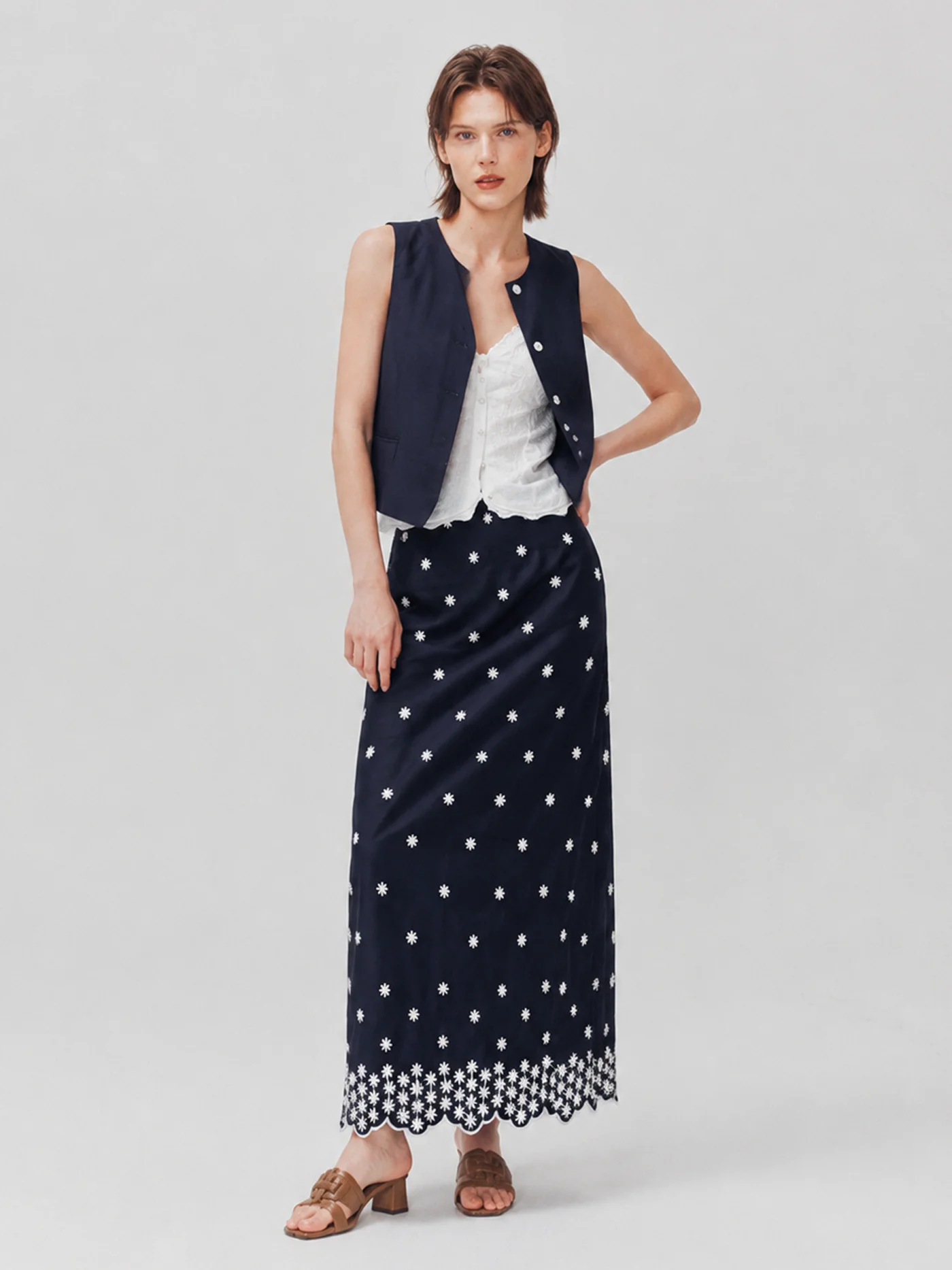 Cool Cotton Linen Straight Cut  Skirt Embroidered Vintage Floral Wave  Loose Women's Skirt High Waist Summer 2026