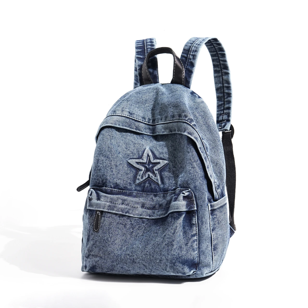 Embroidered Star Jeans Backpack, Lightweight 0.44kg, Laptop Compartment, Suitable for School and Hiking