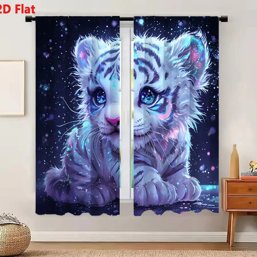 2Pcs Curtains 2D Flat Cute Stylized White Tiger Cub Fantasy Illustration with Neon Accents Blue Galaxy Eyes Starry Night Backgro