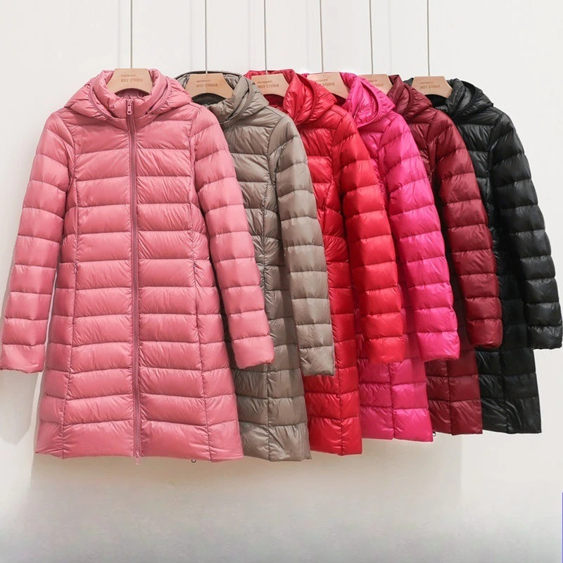 

Women Down Coats Solid Jackets Hooded Zipper Pocket Hat Detachable Long Sleeves Longline Slim Fit Thin Casual 2025 Autumn Winter