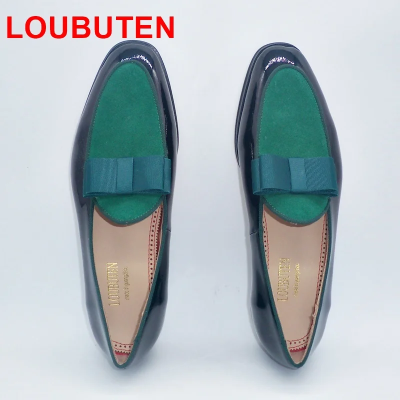 LOUBUTEN Summer New Fashion Green Butterfly-Knot Mens Loafers Stylish Patent Leather Shoes Men Dress Shoes Slip On Party Shoes