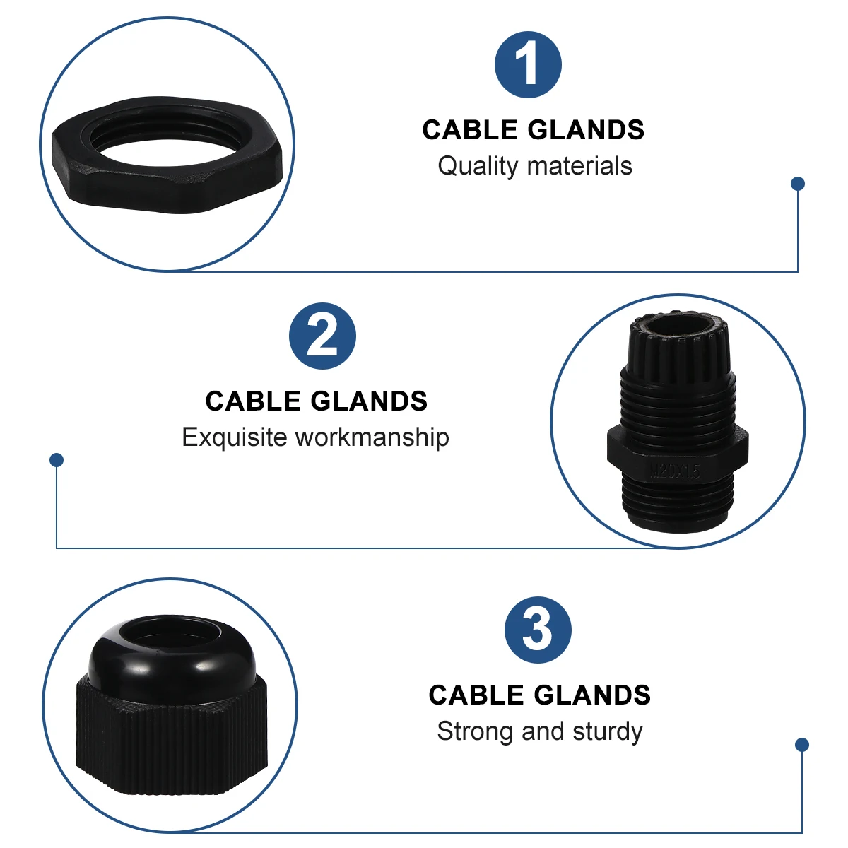 

50pcs M20x15 Black PA Nylon Cable Glands Waterproof Connectors Terminal Kits Easy Install Durable Electrical Connector