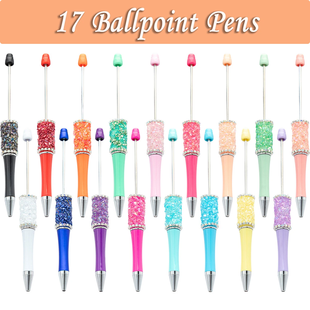 17Pcs Crystal Crushed DiamondsBead Pen Wholesale Creative DIY Handmade Sticker Set Diamond Beaded Ballpoint Pens