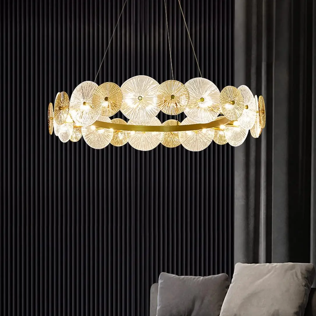 

Glass Lotus Leaf Pendant Lighting Luminair Gold Round Ceiling Chandeliers Lighting Fixture for Dining Room Bedroom