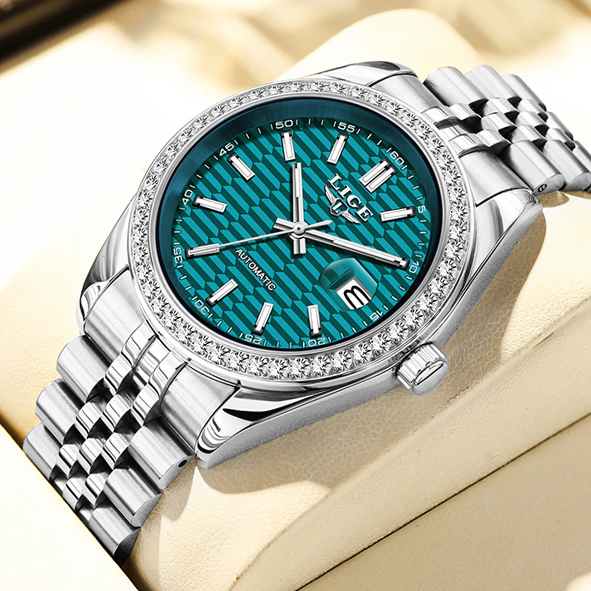 

LIGE Роскошные автоматические часы Деловые механические наручные часы с бриллиантовым циферблатом Водонепроницаемые мужские модные часы с календарем из нержавеющей стали