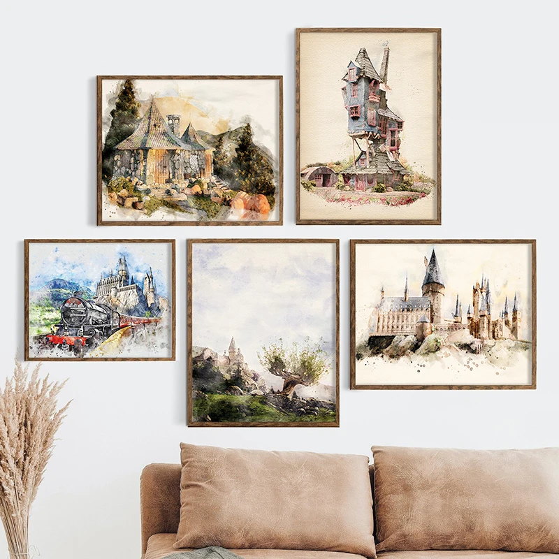 Wizarding Inspired Hagrid hut Poster Watercolor Movie Castle Painting Whomping Willow Canvas Pint The Burrow Wall Pictures Decor