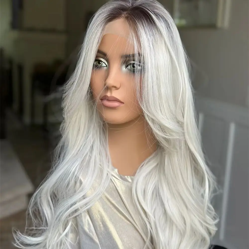 13x4 Ombre White Blonde Highlights Synthetic Lace Front Wig Mixed Huamn Hair Original Factory Cheap Wigs Soft Long Wave Wig