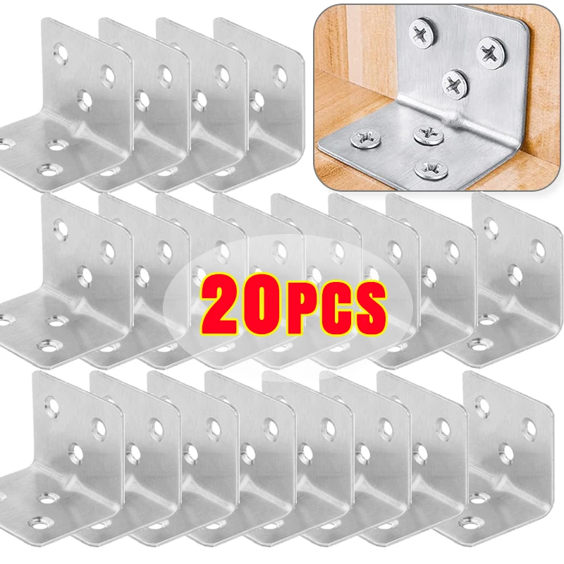 20/10Pc Stainless Steel L-Shaped Corner Bracket Universal Heavy Duty 90 Degree Laminated Furniture Plate Shelf Brackets Fastener