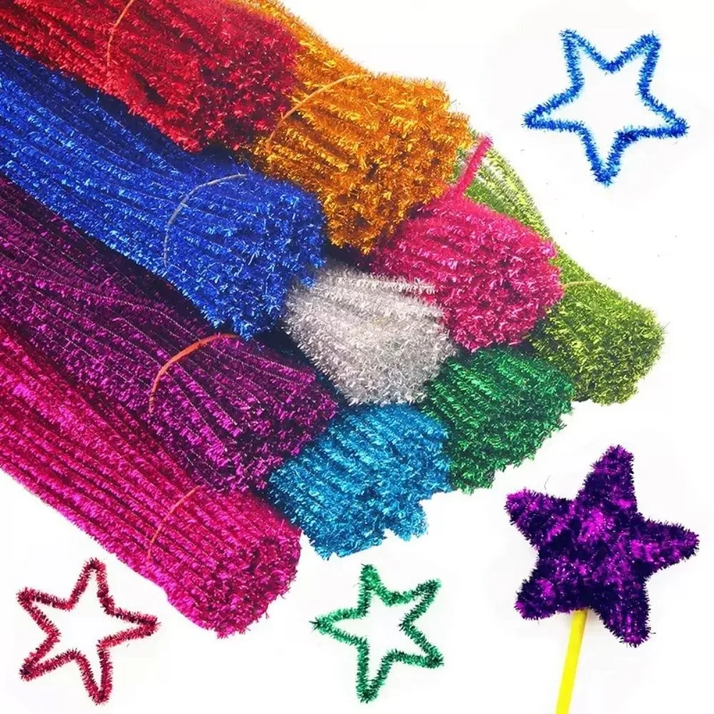 100pcs New 30cm Glitter Chenille Stems Wool Top Torsion Bar Tinsel Stems Christmas Wired Sticks
