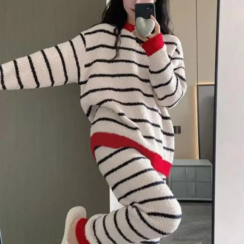 

Princess half velvet striped Pajamas Sets Girl fashion long sleeved pants Keep Warm Autumn Winter clothes Outside Sleeping Wear