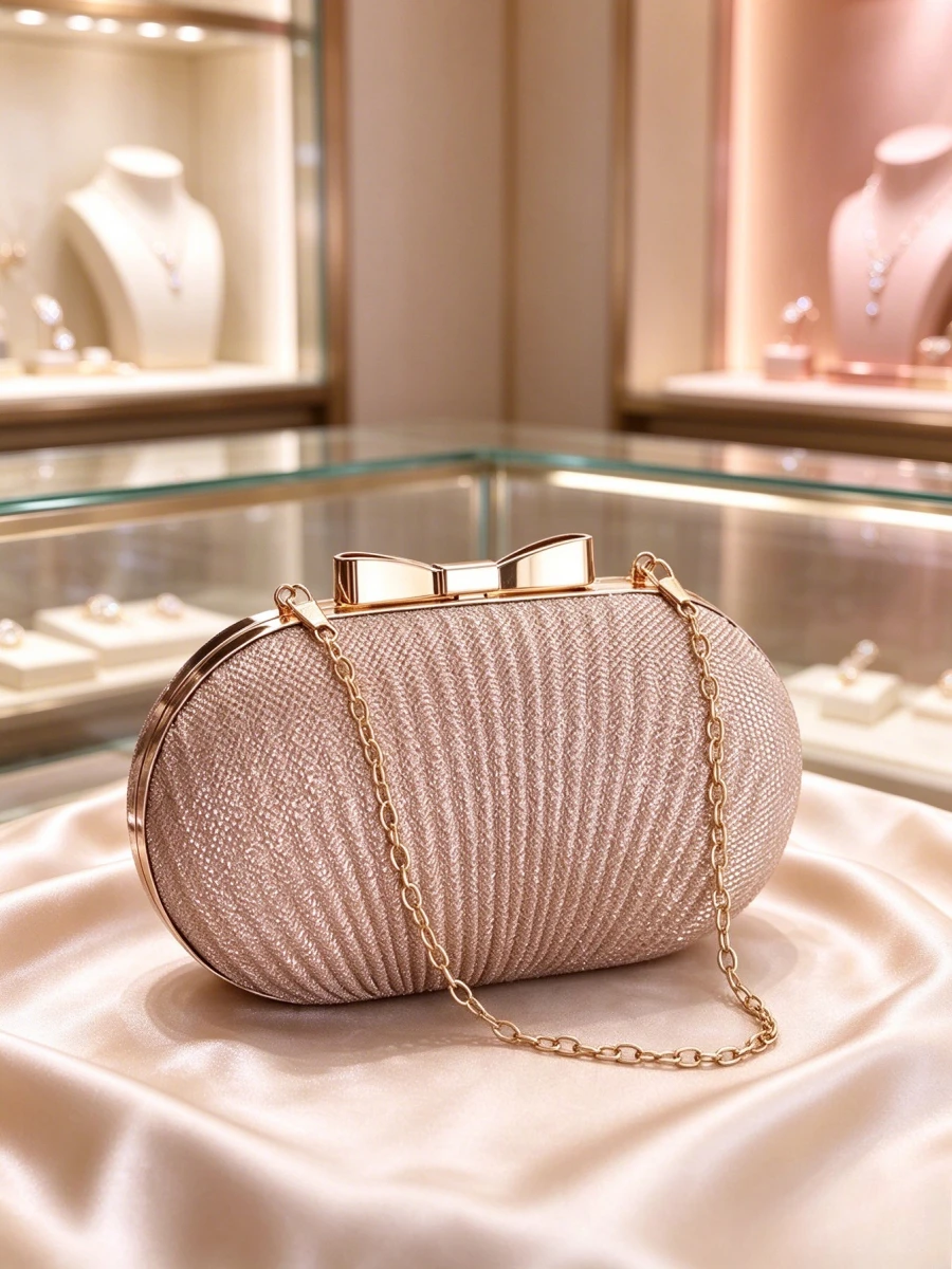 女性用シャンパンカラーのプリーツ加工が施された、きらめくオーバル型のイブニングクラッチバッグ。金属製のリボンフレームとチェーンストラップが付いた、上品なハンドバッグ。大人の女性にふさわしい、結婚式にも使える一品。