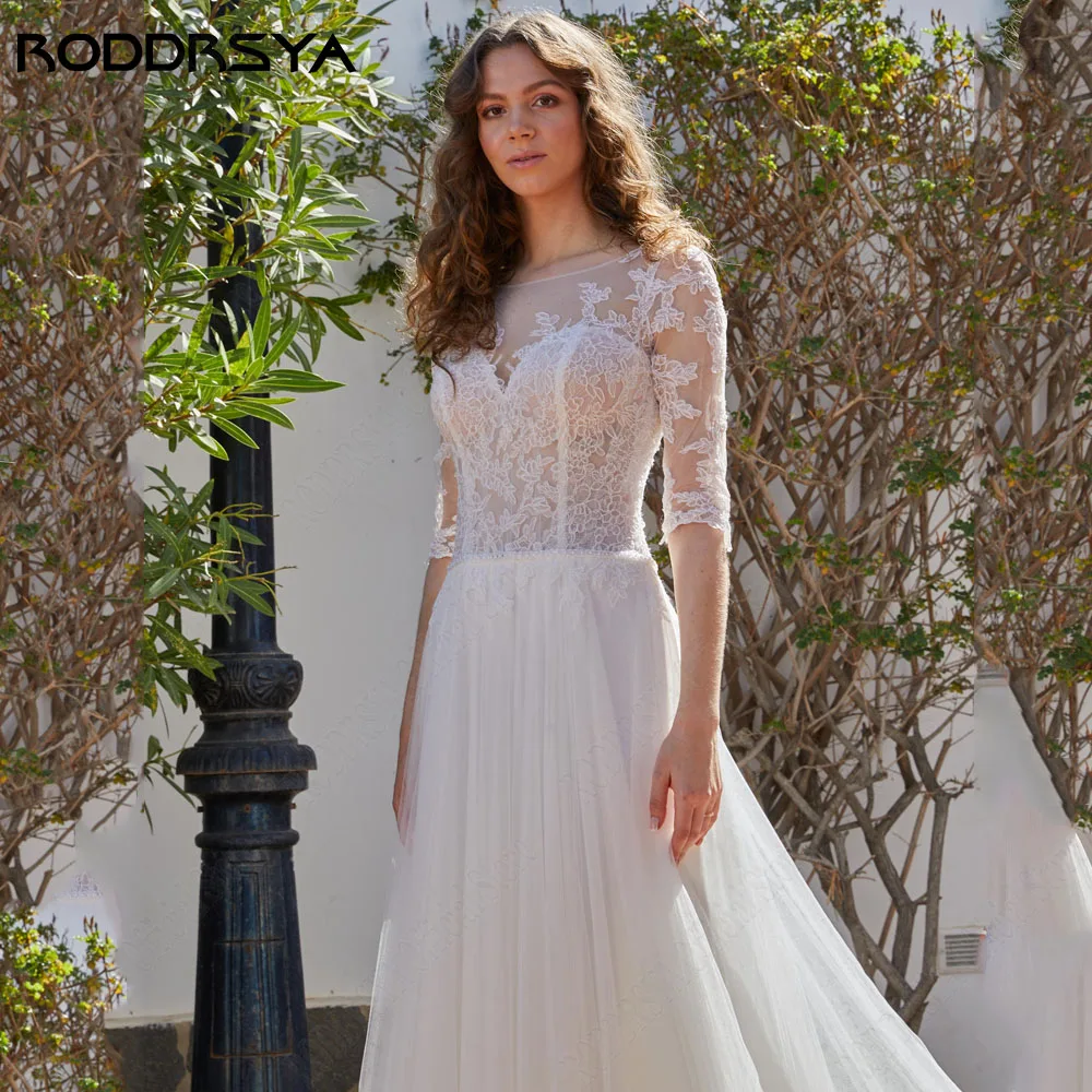 RODRSYA Elegante abito da sposa per la donna 3/4 maniche Illusion Civil Bride Abiti Pizzo A-RODDRSYA elegante abito da sposa per donna 3/4 maniche Illusion Civil Bride Gowns Lace a-line Tulle Custom Made robe de mariée