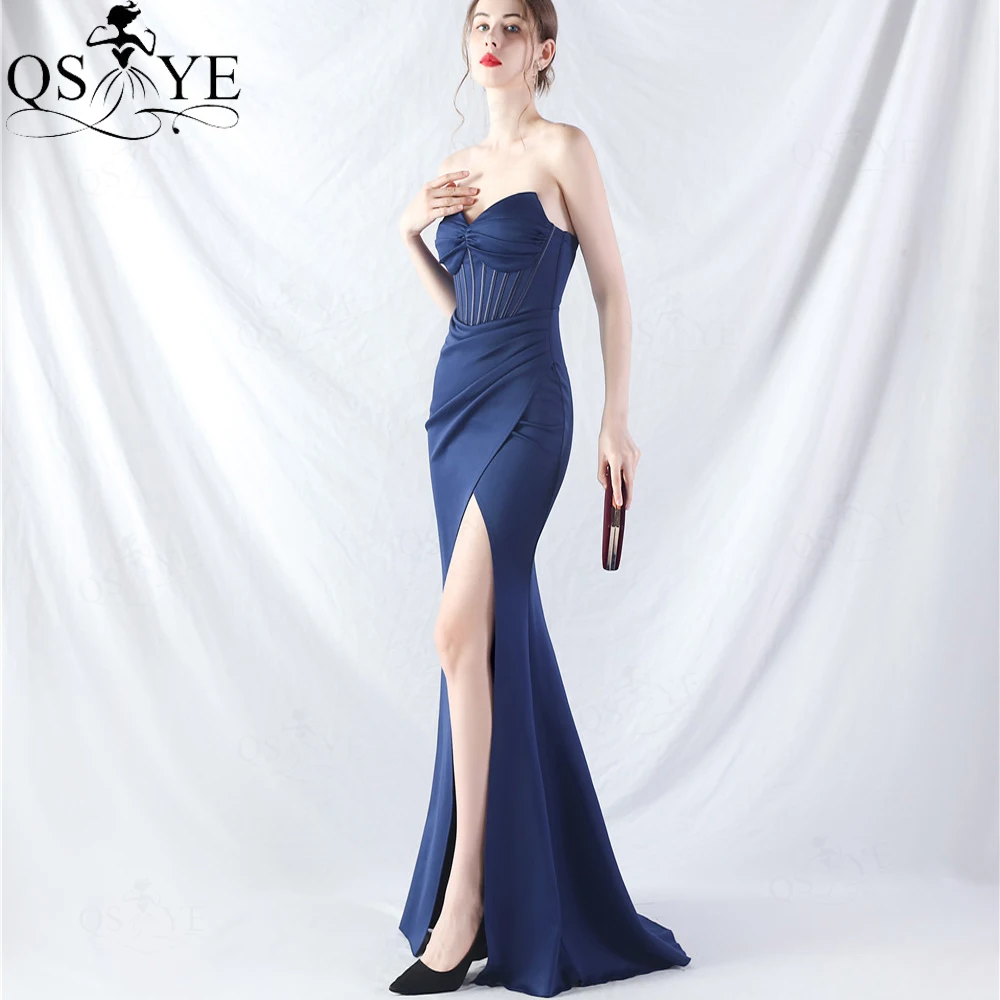 

QSYYE Navy Blue Long Prom Dress Boned Bodice Ruched Elastic Stretch Satin Evening Dresses Off Shoulder Sexy Slit Formal Gown New