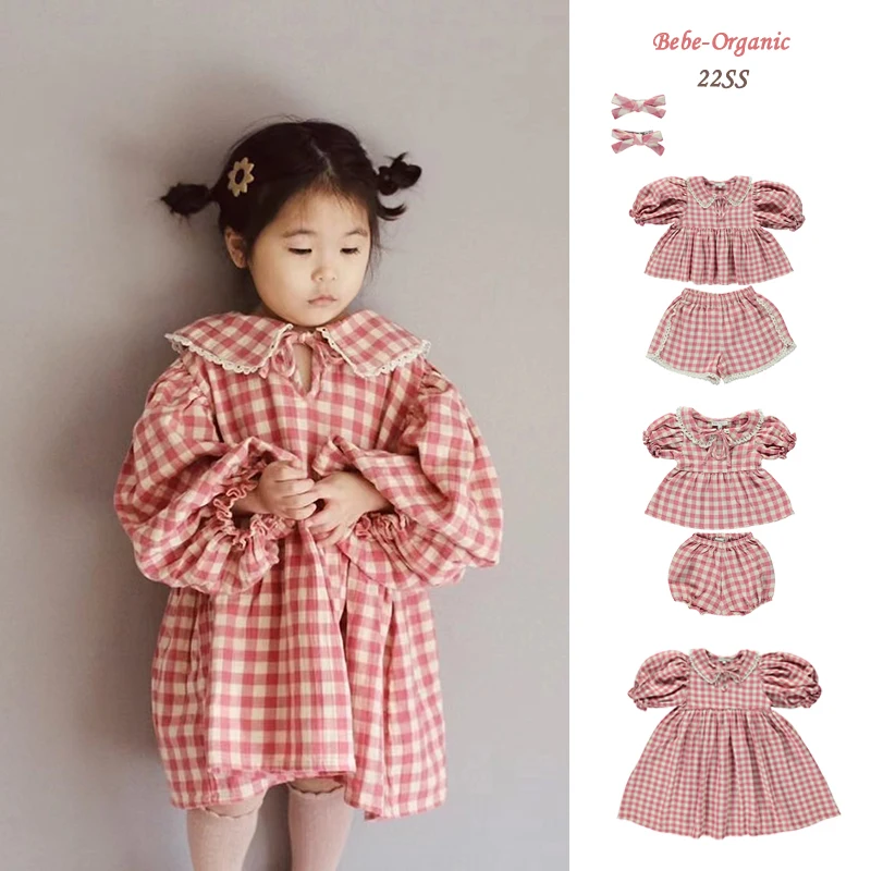 summer New kid clothes Ramie cotton short-sleeved shirt shorts Flower set Plaid suit Boys girls sets Lace Lace Doll dress