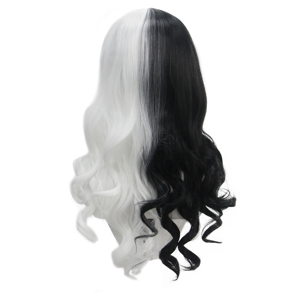 Two Tone Split Black White Wavy Double Ponytail Wig Synthetic Cosplay Wig For Halloween Theme Party Role Play