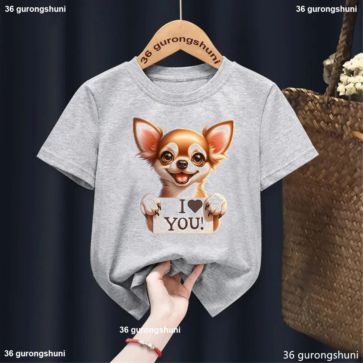 

New Boys Tshirt Cute Dogs Holding "I Love You" Signs Animal Dog Print Kids T-Shirt Fashion Autumn Shirt O-Neck Gray Boys Tops