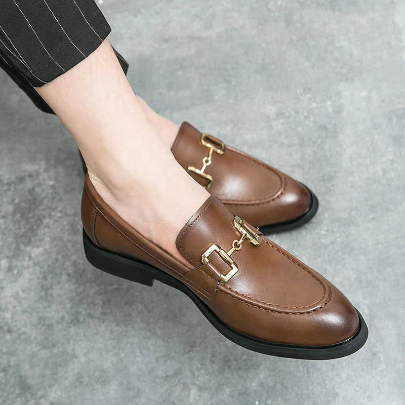 European Station New Men Casual Fashion Metal Buckle Lefu Leather Shoes Size 38-46 Men Style