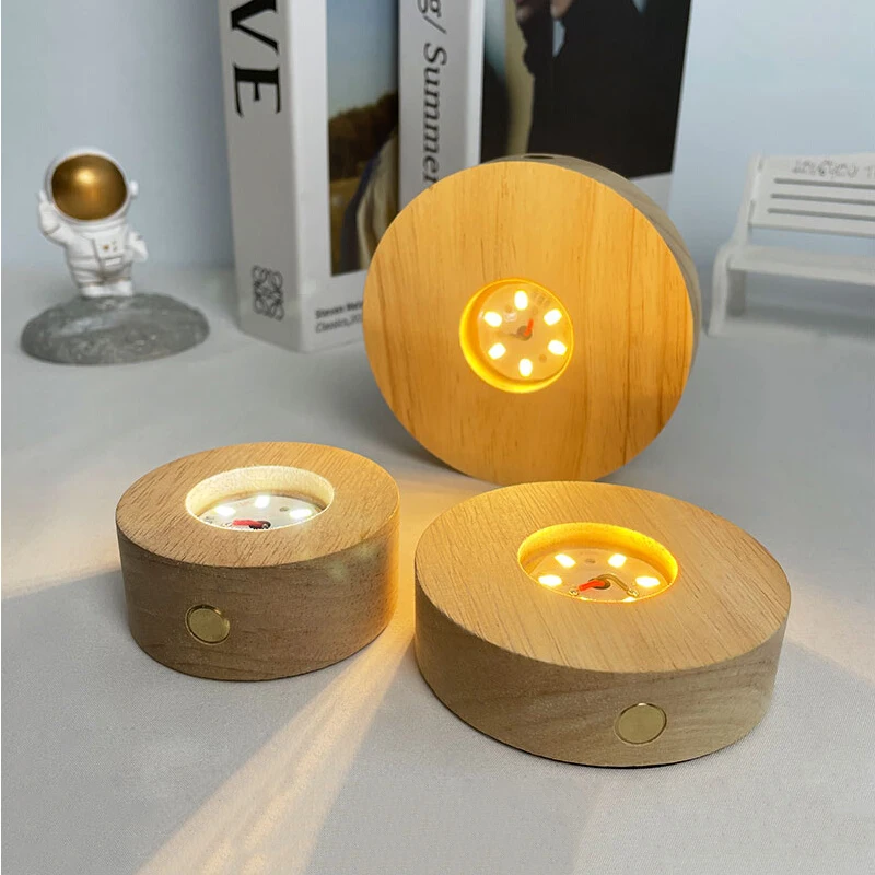 10CM Creative DIY Wooden Luminous Lamp Holder Touch Switch Rechargeable LED Light Dispaly Base Crystal Glass Resin Art Ornament