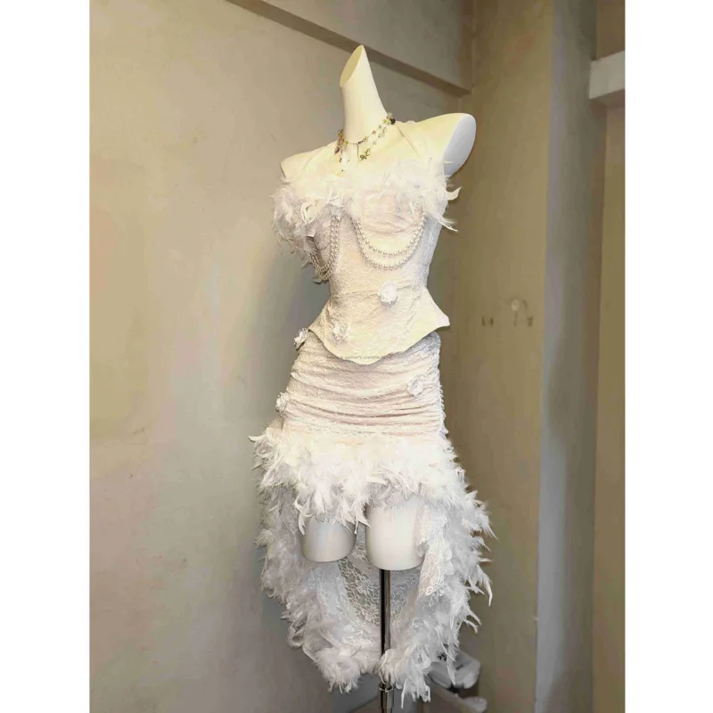 

Women Fairy Dress Princess Dresses Subculture Pure White Gothic Lace Corset Feather Train Tulle Skirt Two-Piece Dress Set