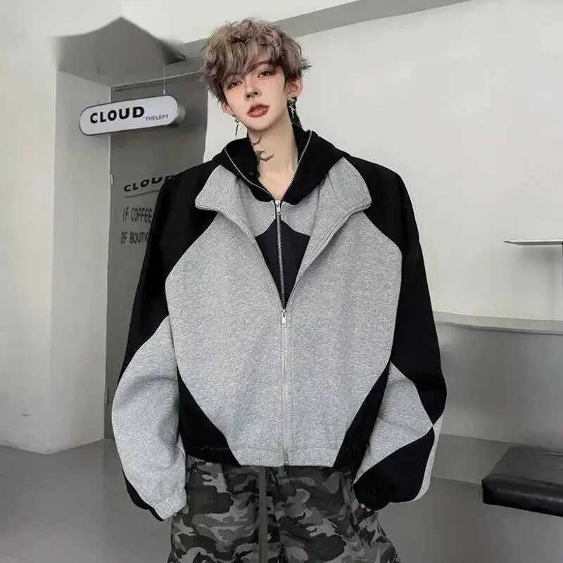 American Style Men's Jackets Hooded Detachable Patchwork Contrast Color Drawstring Fake Two-piece Loose Male Coats 9OVAR