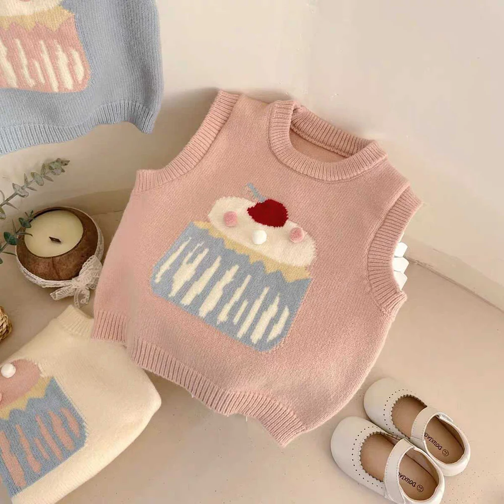 Cute Baby Girls Knitted Vest Spring Autumn Cartoon Cake Sleeveless Pullover Sweaters Tops Kids Girl Waistcoat Children Clothes