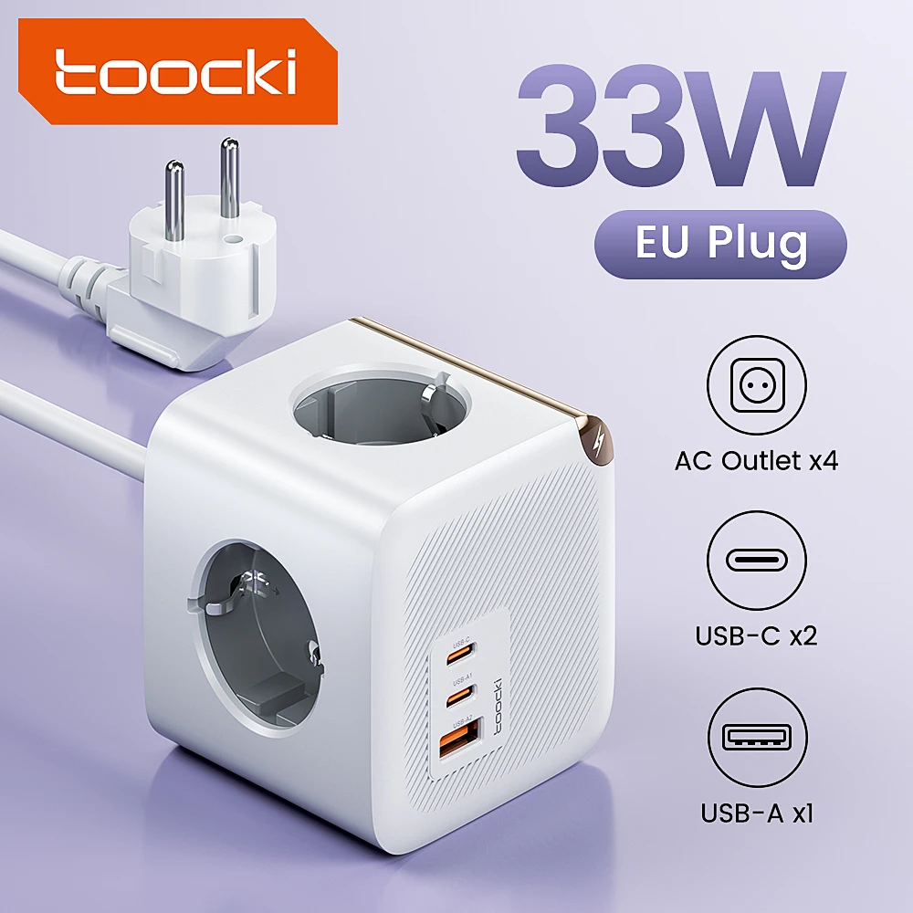 Toocki 33W GaN Power Strip Cube 4 AC Outlets 2 USB C 1 USB A PPS QC3.0 Fast Charger 4000W Extension Grounded Socket Adapter