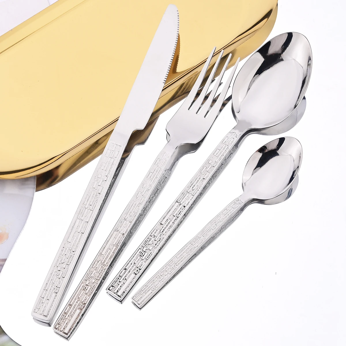 4/5pcs Knife Fork Spoon Cake Fork Teaspoon Flatware Set Silver Carved Handle Tableware Mirror Stainless Steel Dinnerware Set