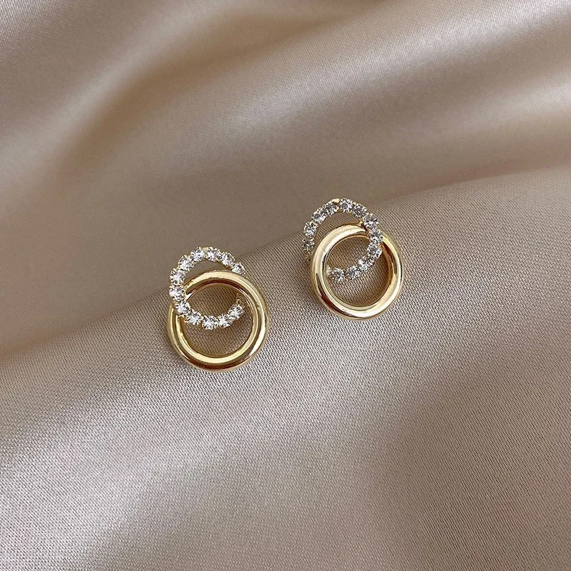 2024 New Trendy Classic Double Circle Geometry Gold Color Zircon Stud Earrings for Women Temperament Party Jewelry Lover Gifts