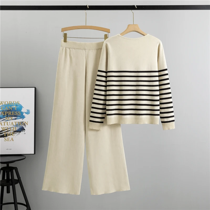 New In Autumn Winter Women Knitted Suit Striped Tops Wide Leg knit pantst Waist Loose Set 2-piece Set Casual Clothes for Women