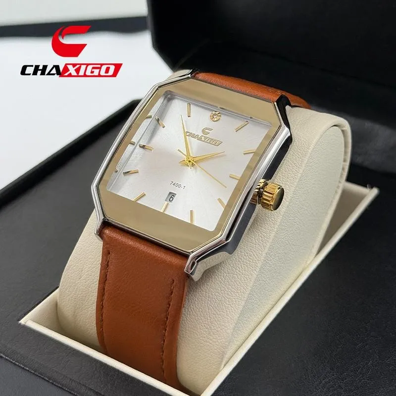 

CHAXIGO Men's Business Leather Strap Watch Precision Steel Forged Case 30m Water Resistance Screw-Down Crown Office Dress Watch