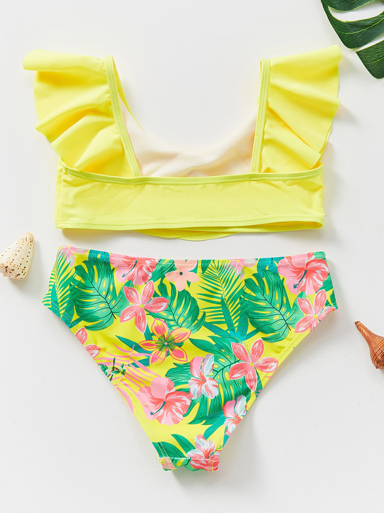 Yellow Floral Flounce Two Piece Girls Bikini Swimwear Sets