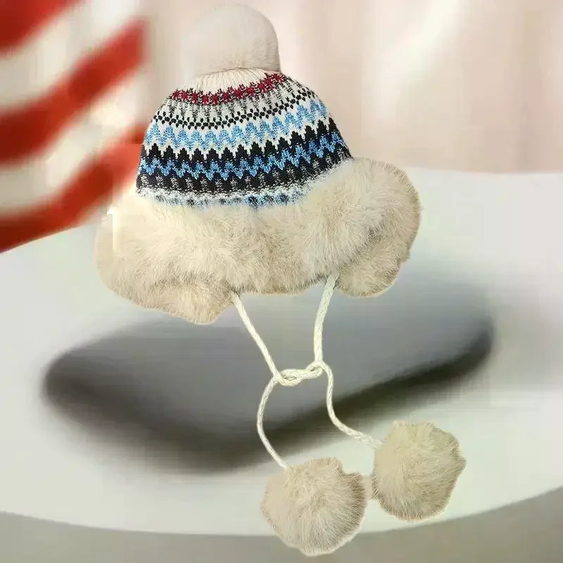 Chapéu lei feng quente forrado de lã engrossado para mulheres malha jacquard padrão proteção de ouvido chapéu à prova de frio versátil chapéu casual