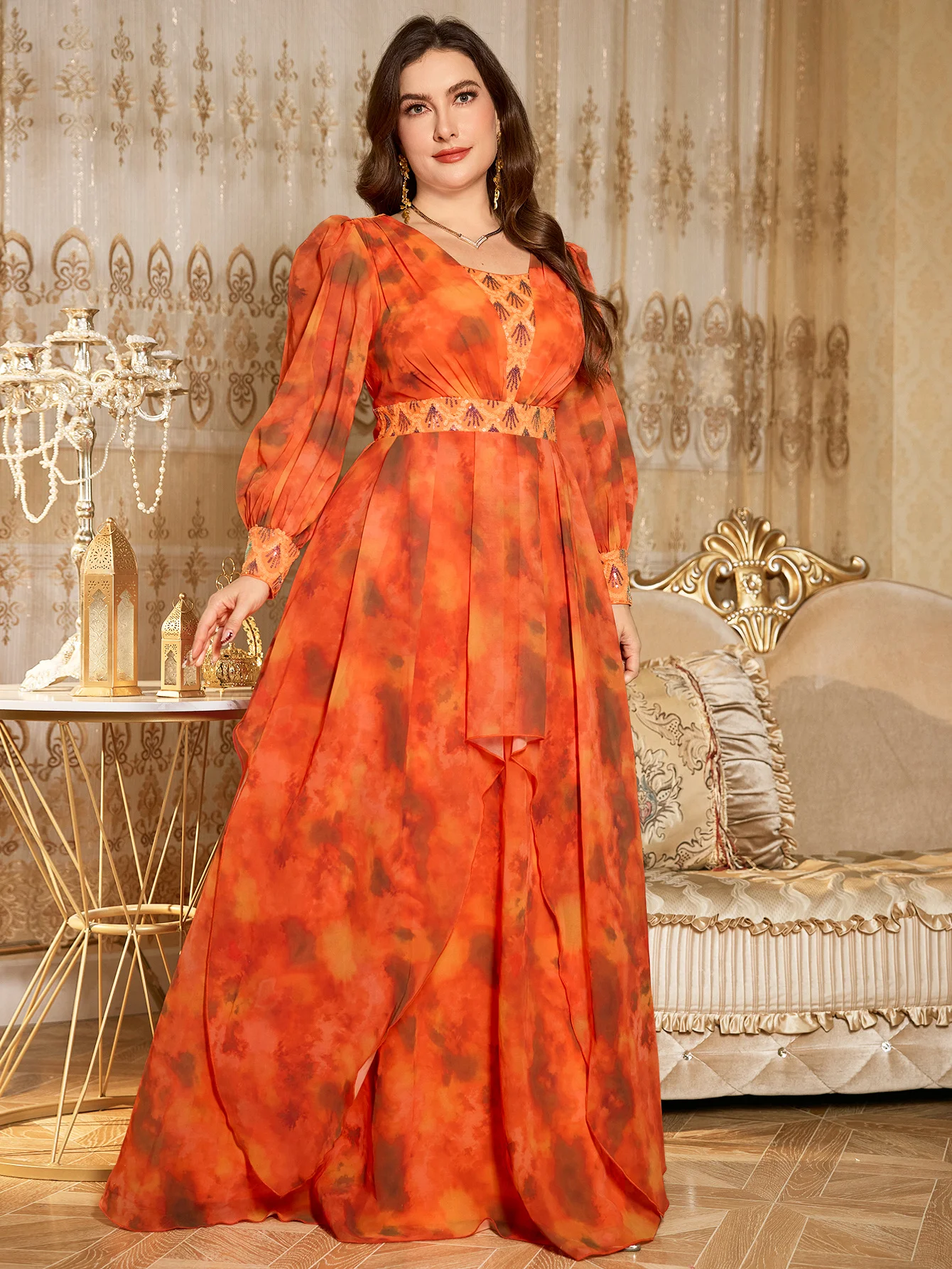 UNITHORSE Abito da sera in chiffon multicolore con stampa casuale, colletto quadrato, manica a lanterna, perline di lusso impreziosite