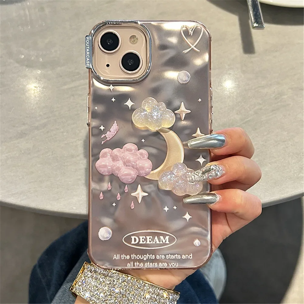 Korean Cute 3D Glitter Cloud Folded Matte Plating Moon Soft Case For iPhone 15 Pro Max 14 Pro Max 13 Pro Max 14 12 11 15 Cover