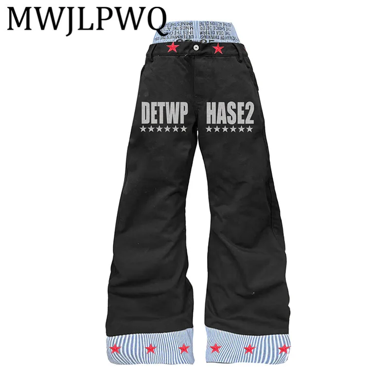 

MWJLPWQ Niche Double Waist Machete Jeans Men's High Street Printed Spliced Layered Design Sense Unisex Casual Pants Autumn 11778