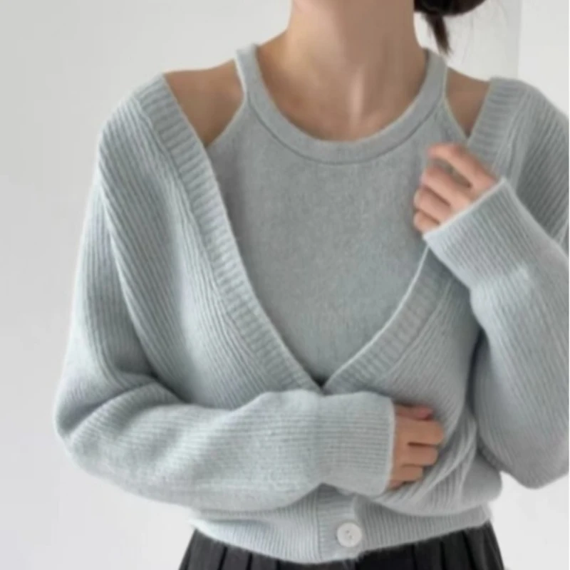 

Сплошной цвет жилет без бретелек из двух частей вязаный кардиган топы корейский стиль модный весенне-осенний новый свитер женское пальто