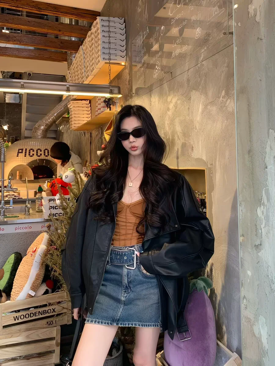 Black Retro Biker Collar PU Leather Jacket Women Cool Style Spring Autumn New Style Leather Jacket Top Fashion Trend