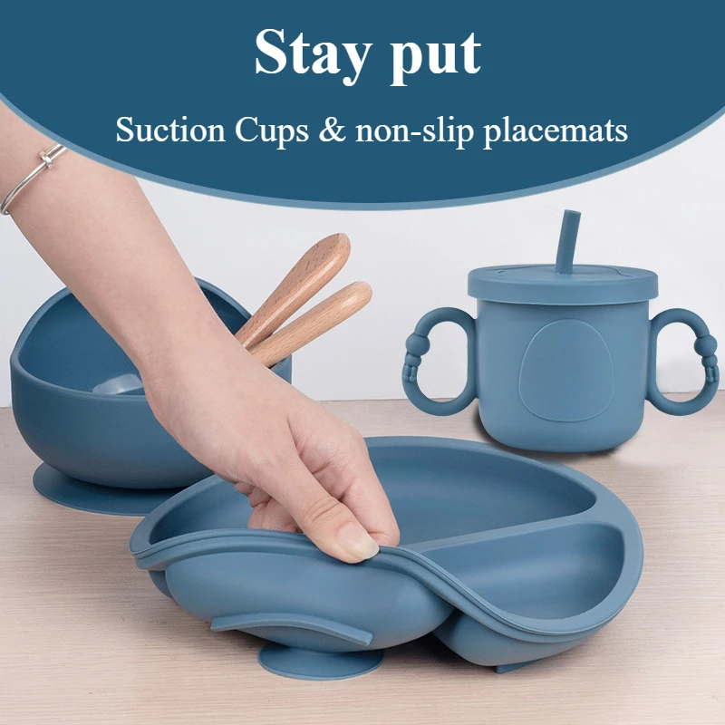 Zackoo 실리콘 어린이 식기 빨판 그릇 접시, 어린이 방수 턱받이, 어린이 식기 빨대 컵, 아기 수유 세트, 6 개
