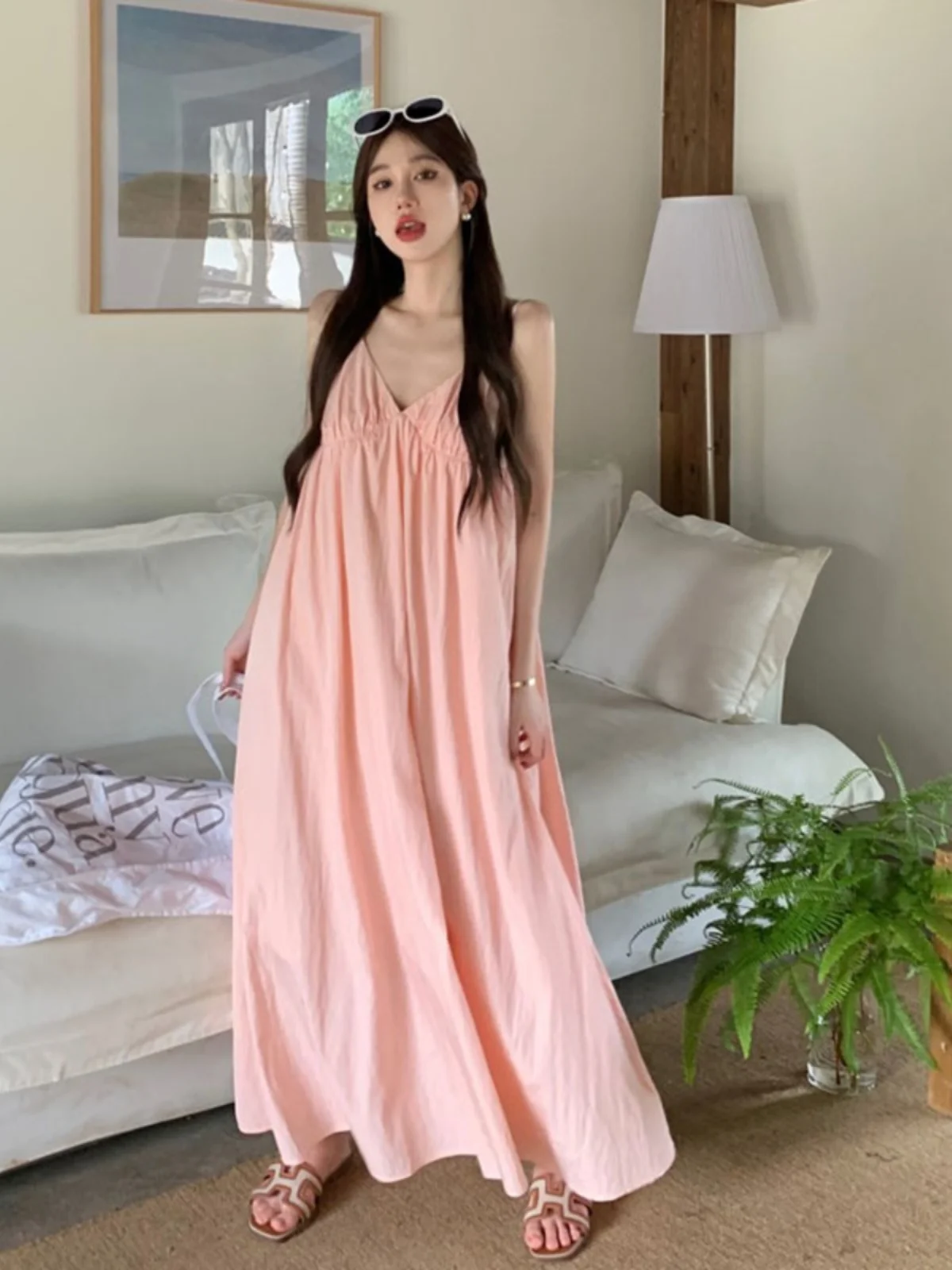

Plus Size Pink Summer Vaion Sle Strapl A-Line Long Dr Women's New V-Ne Loose Slimming Svel Beach Dr Korean Sle