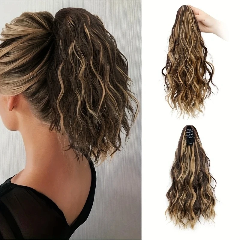 Women's wig with water waves, small claw clip, high ponytail, short curly hair, cloud perm