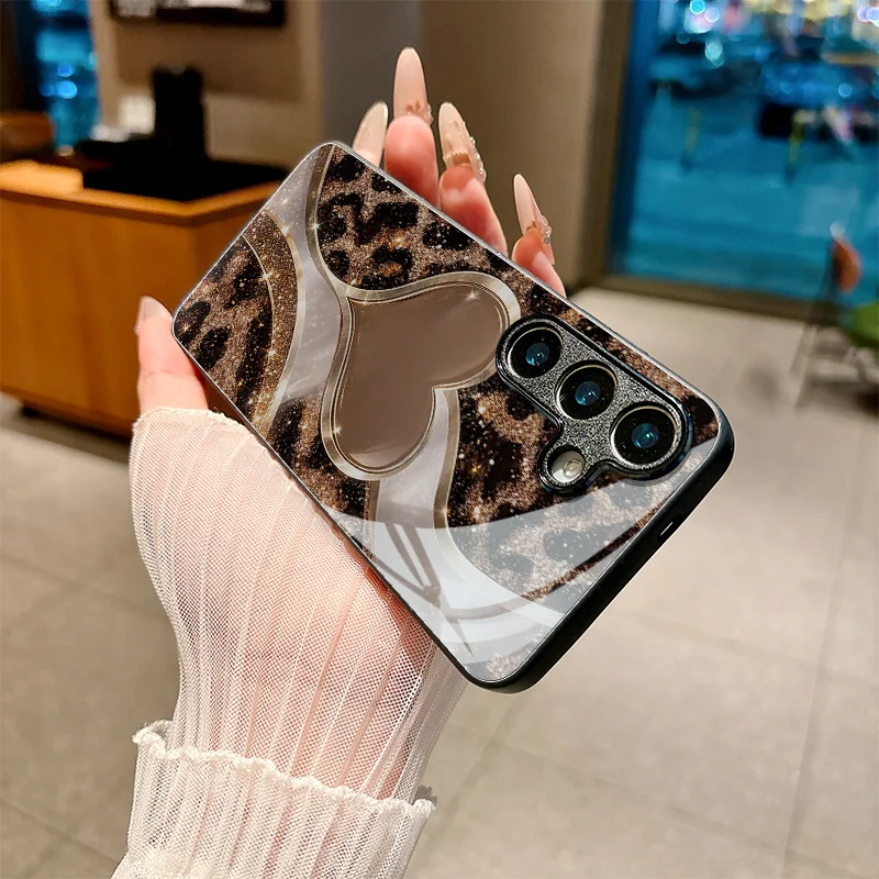 Leopard print design tempered glass phone case suitable for Samsung Galaxy S26 S25 S24 S23 S22 S21 S20 FE/Ultra/Plus anti drop
