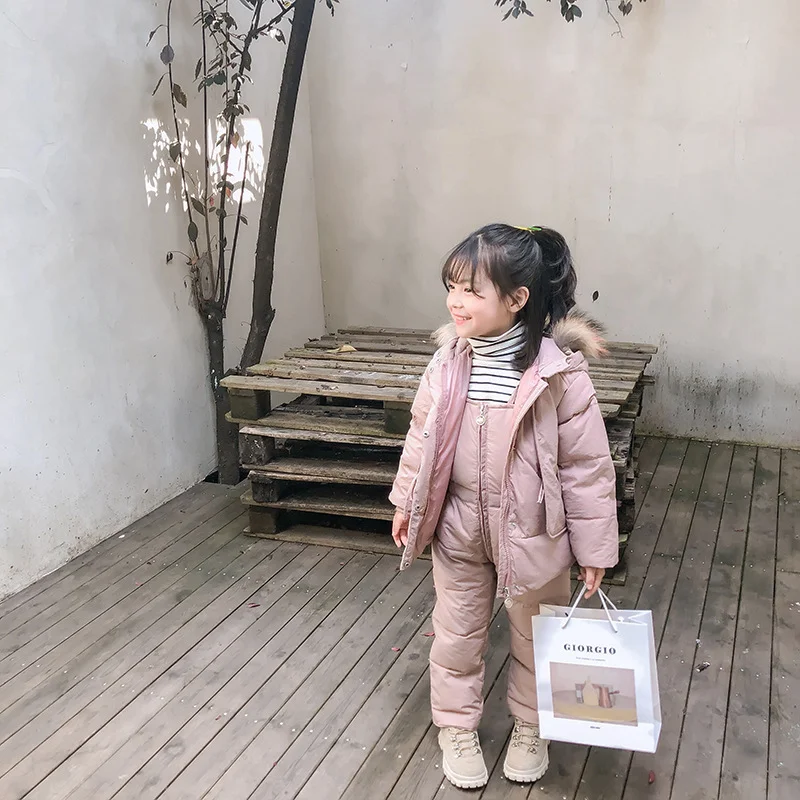 Children\'s Down Jacket Suit Winter Fashion Big Fur Collar Two-piece Set Girl Baby Jumpsuit Wholesale
