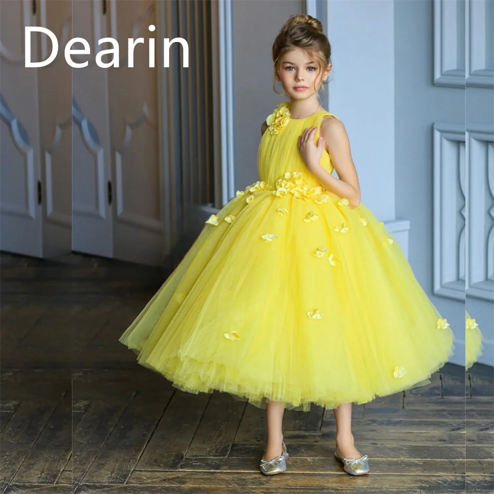 Vestido de menina flor personalizado baile Dearin decote colher linha A saias na altura do tornozelo apliques Es Eve