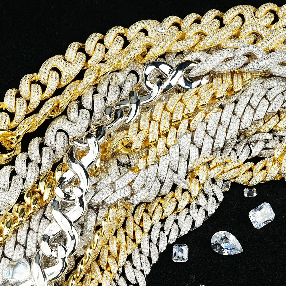 Wholesale H ip hop fine jewelry 18k gold plated 925 silver cuban link mossanite moissanite diamond link chain necklaces for men